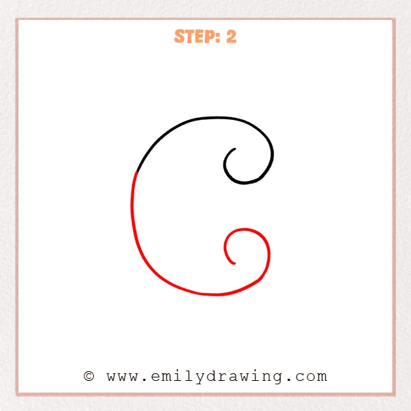 how to draw a fancy letter c - Step 2 of a fancy letter C drawing shows the full large C outline with an upper-right curl and a lower-right inward swirl, refining the flourish.